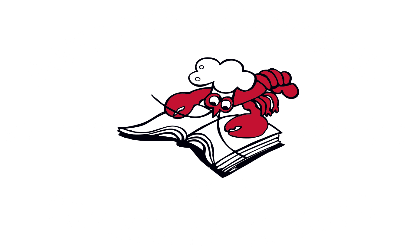 logo of bookstore with illustrated lobster reading recipe book