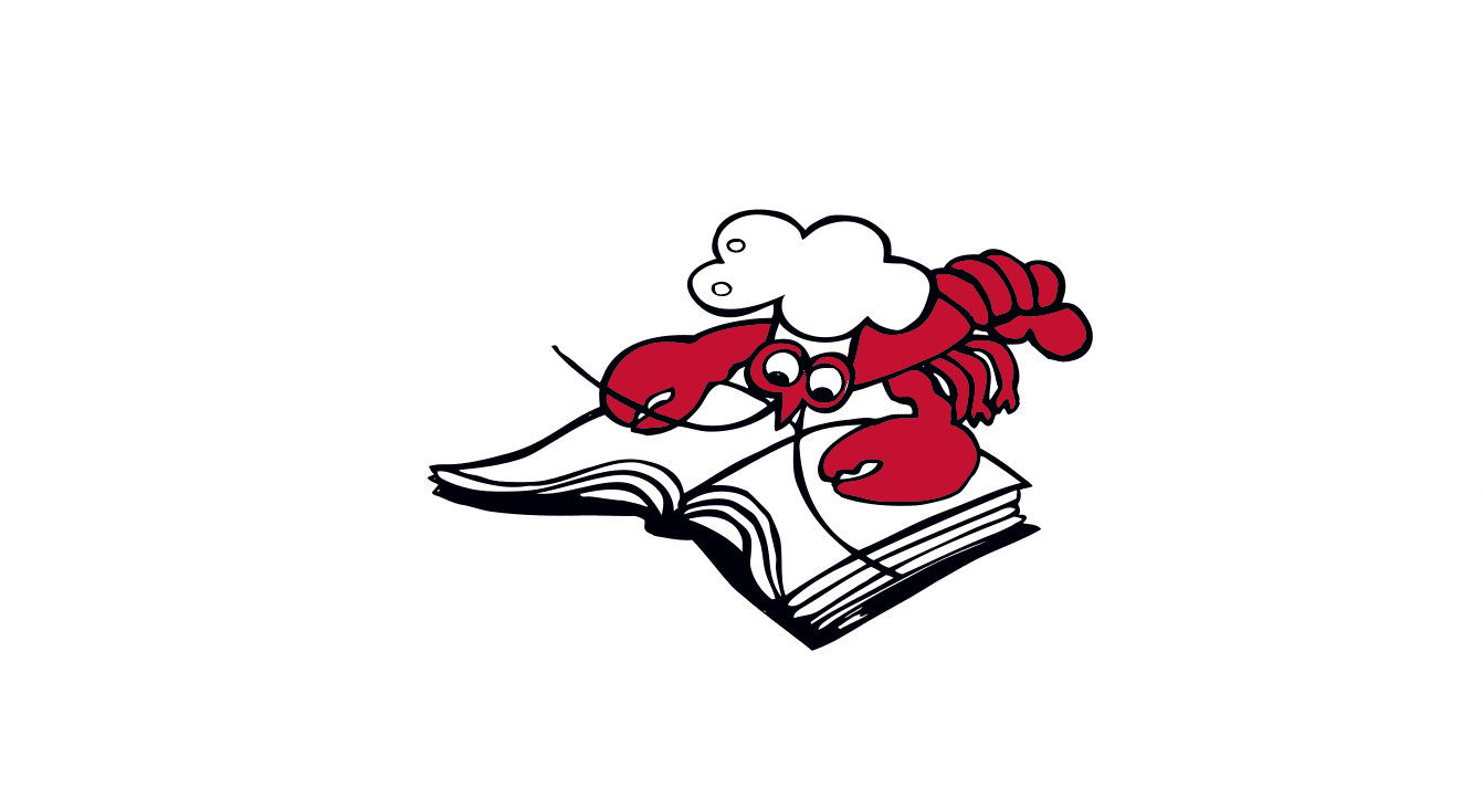 logo of bookstore with illustrated lobster reading recipe book